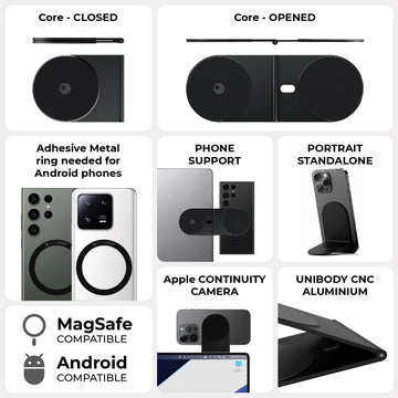 EDGE® Pro Full Kit - MagSafe modular kit - Hyperspace Black - Black modular MagSafe core with adhesive metal ring, modular phone support pieces, and CNC aluminum components shown opened. - Rolling Square